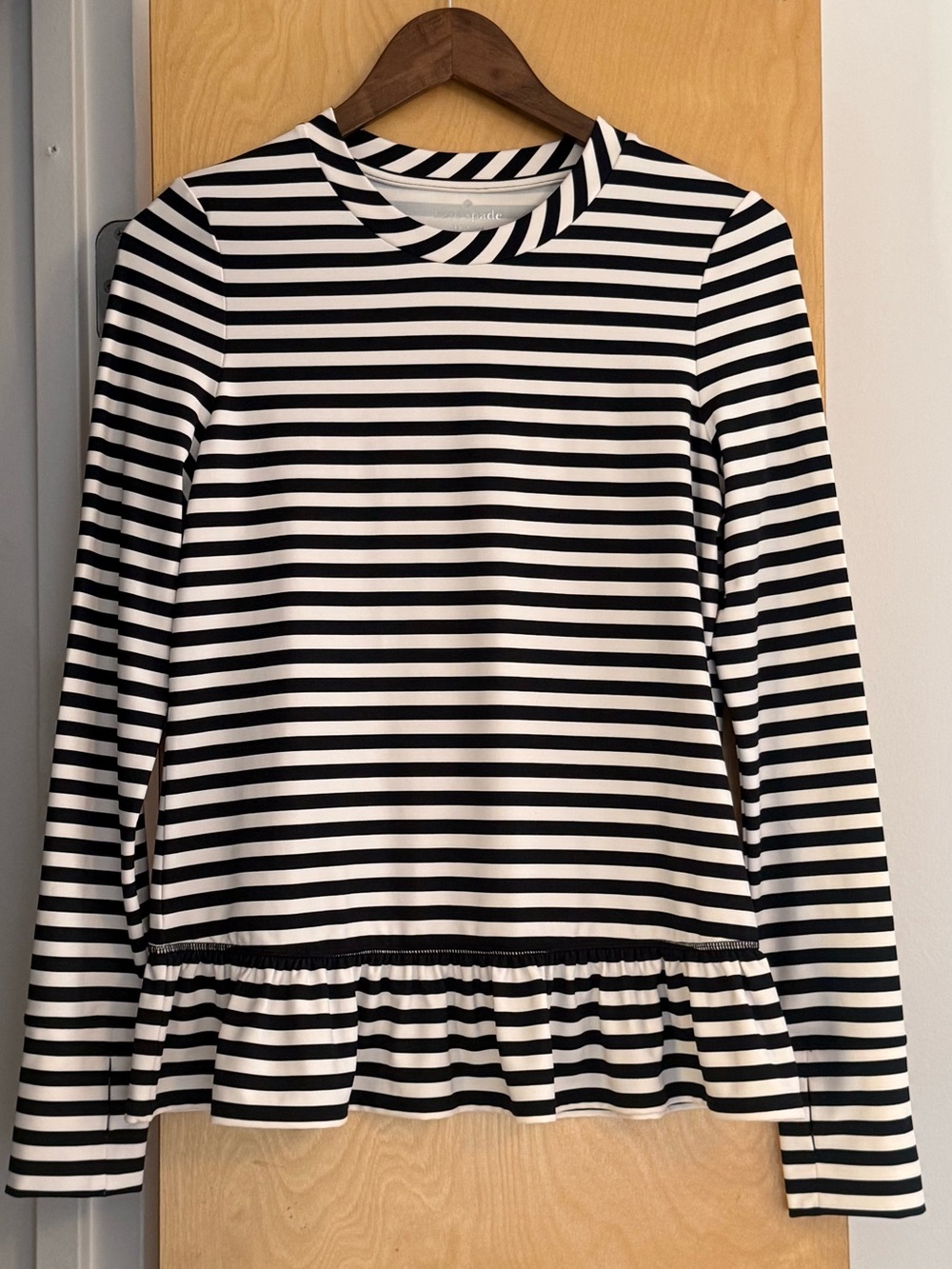 Kate Spade New York Striped Peplum Long Sleeve Top Women Black White S